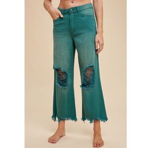 "The Jayde" Deep Green Distressed Light Weight Denim Jeans